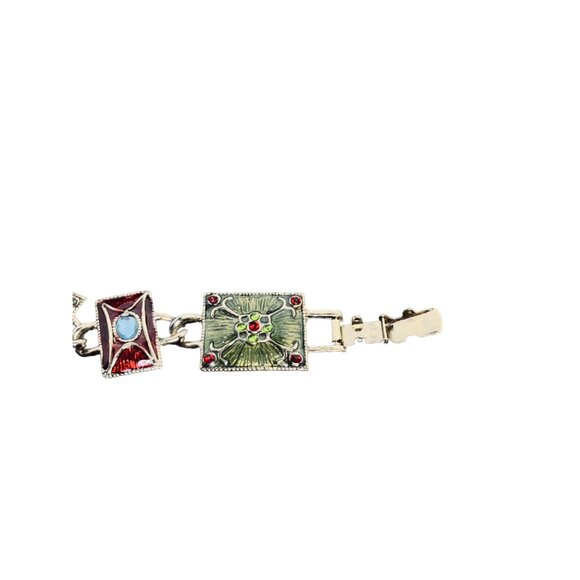 Liz Claiborne Gold Tone, Green & Red Enamel And Rhinestone Link Bracelet (5392) - Picture 6 of 8